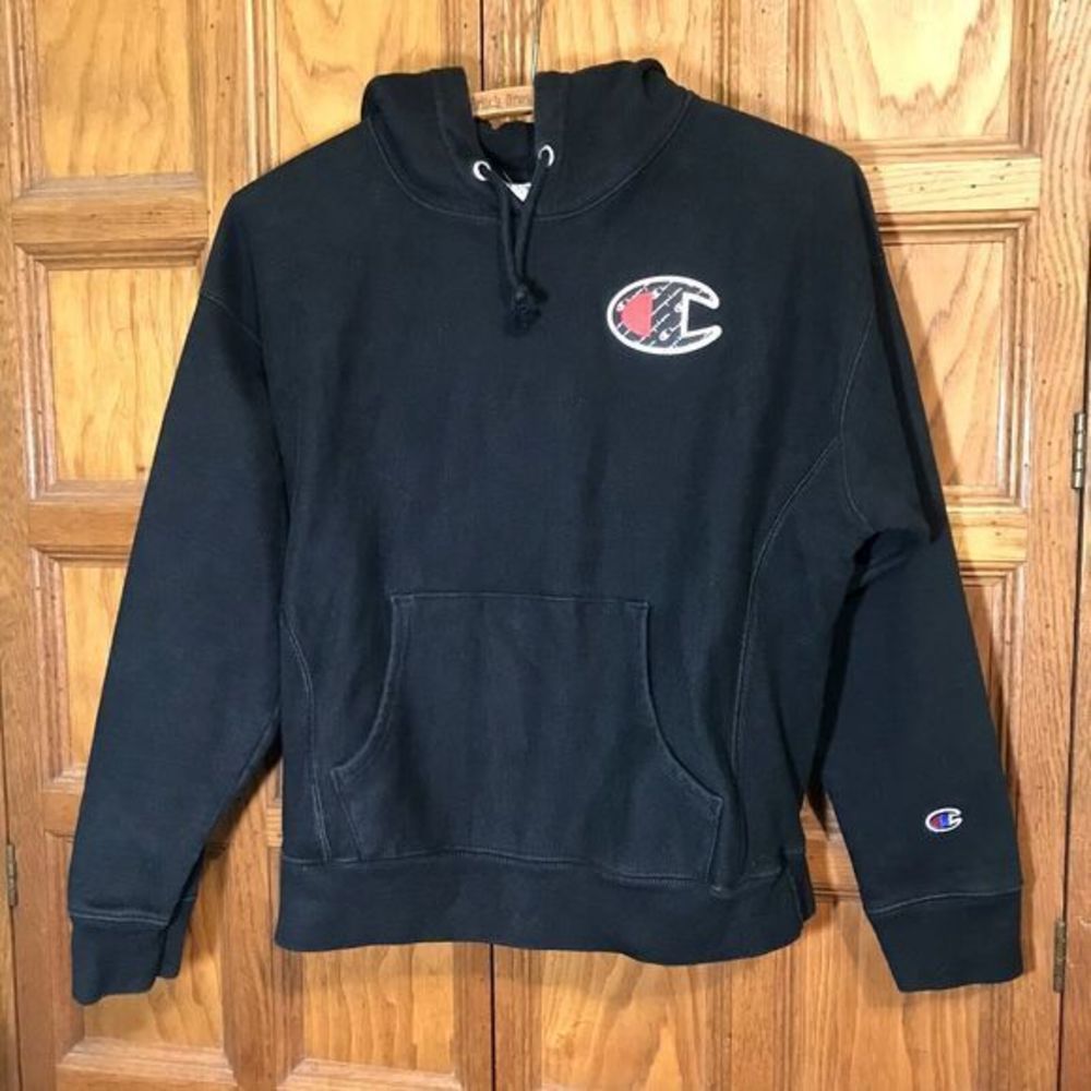 Champion Reverse Weave Big C Logo Patch Pullover Hoodie‎ Sweatshirt Black Medium